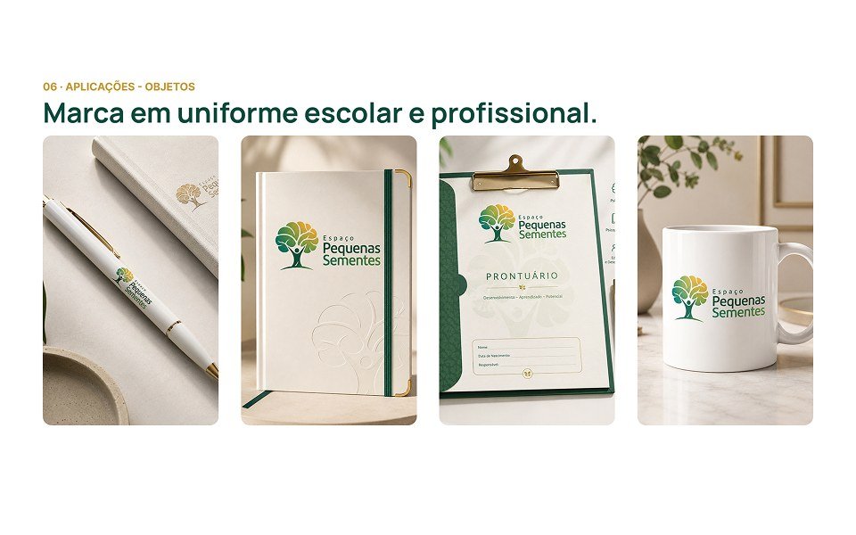 Espaço Pequenas Sementes: aplicação da marca em objetos — caneta, caderno, prontuário e caneca
